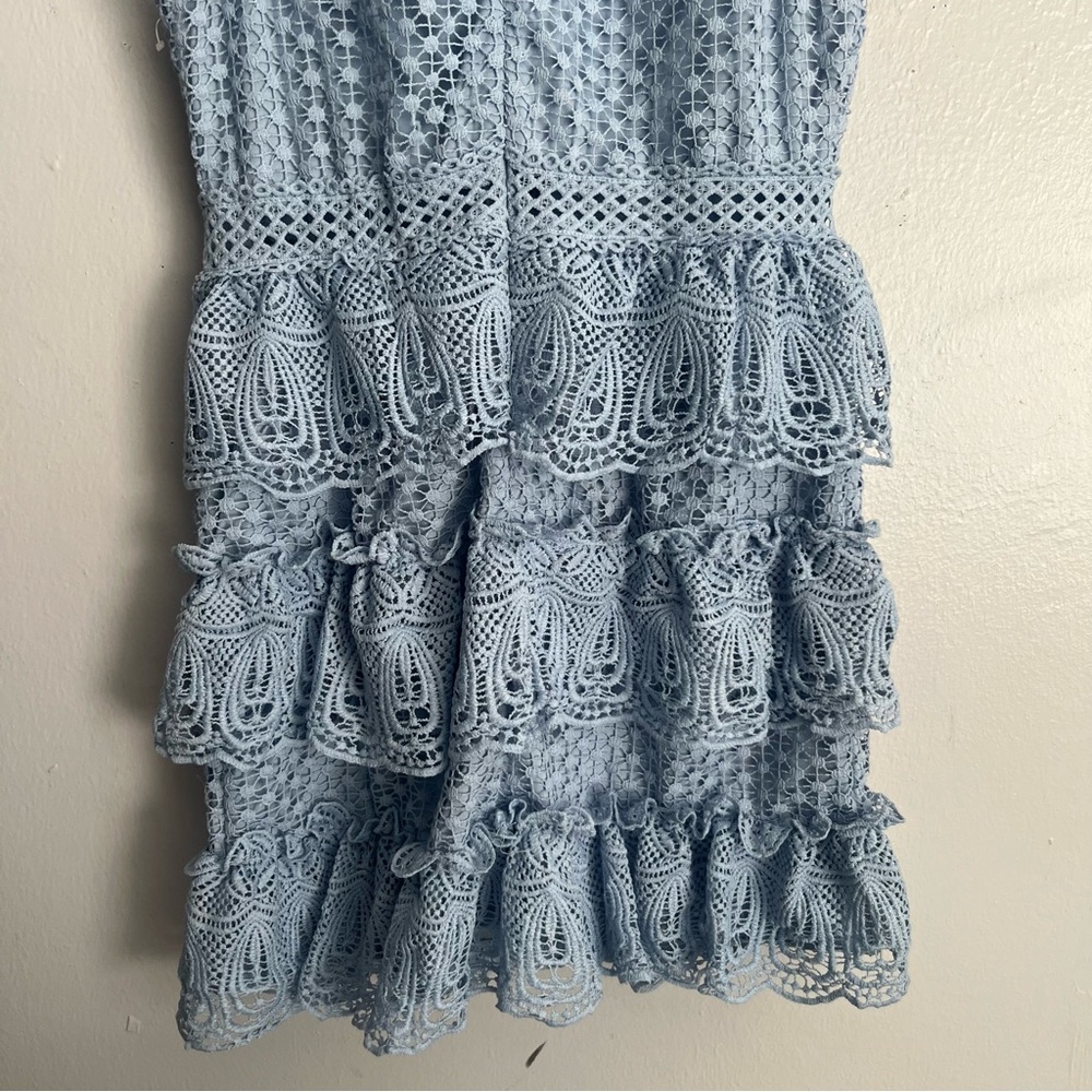The Clothing Company Baby Blue Tiered Crochet Knit Lace Mini Dress - Picture 7 of 15